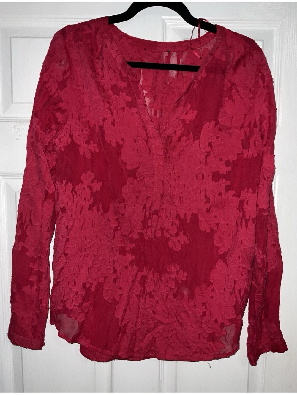 Cynthia Rowley Top Womens Sz M Red Floral Burnout Sheer Silk Blouse Romantic